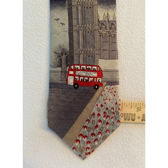 Elegance London Silk Hand Made Necktie Big Ben & Double Decker Bus  3.75" x 61” - Picture 2 of 5